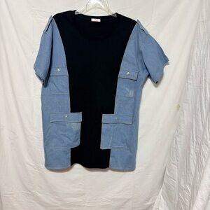 La Ros brand short-sleeve dress with a denim cargo-style overlay on a black base